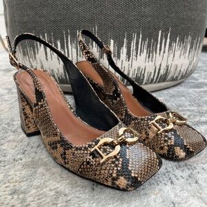 ASOS DESIGN Square Toe Snaffle Bit Detail Slingback Block Heel Shoes Snakeskin